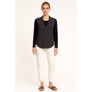 T. Tahari Black Hi Lo Pullover Blouse Top Collared Long Sleeve V Neck Size SP